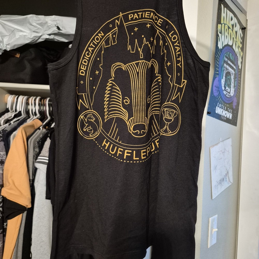 Black Hufflepuff Tank Top with Gold Design